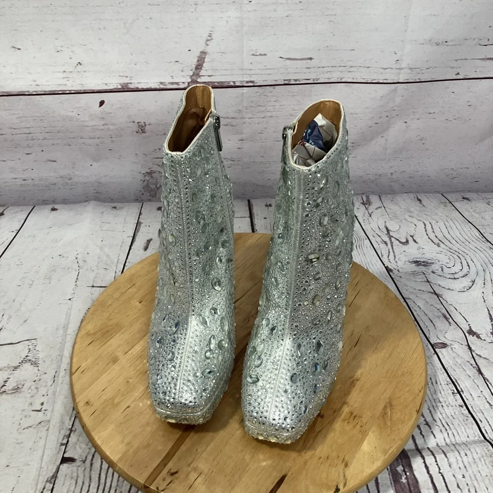 Jessica‎ Simpson Rhinestone Platform Ankle Boots Silver Crystal Womens 9 NWOB